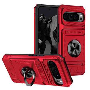 For Google Pixel 9 Pro XL TPU Hybrid PC Shockproof Card Phone Case with Metal Ring Holder(Red)