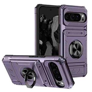 For Google Pixel 9 Pro XL TPU Hybrid PC Shockproof Card Phone Case with Metal Ring Holder(Purple)