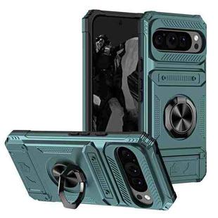 For Google Pixel 9 Pro XL TPU Hybrid PC Shockproof Card Phone Case with Metal Ring Holder(Green)