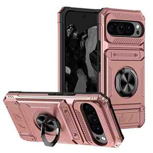 For Google Pixel 9 / 9 Pro TPU Hybrid PC Shockproof Card Phone Case with Metal Ring Holder(Rose Gold)