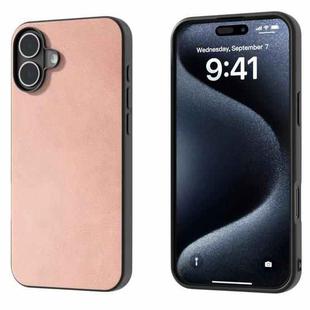 For iPhone 16 Plus Black Frame Two-color Calf Texture PU Phone Case(Pink)