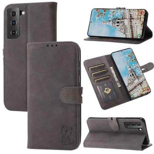 For Samsung Galaxy S25 5G Embossed Happy Cat Pattern Flip Leather Phone Case(Grey)