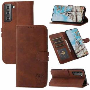 For Samsung Galaxy S25+ 5G Embossed Happy Cat Pattern Flip Leather Phone Case(Brown)