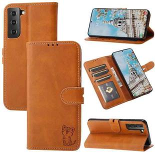 For Samsung Galaxy S25+ 5G Embossed Happy Cat Pattern Flip Leather Phone Case(Yellow)