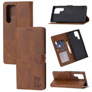 For Samsung Galaxy S25 Ultra 5G Embossed Happy Cat Pattern Flip Leather Phone Case(Brown)