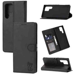 For Samsung Galaxy S25 Ultra 5G Embossed Happy Cat Pattern Flip Leather Phone Case(Black)