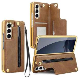 For Samsung Galaxy Z Fold7 VIETAO Film Integrated Folding Holder Flip PU Phone Case(Brown)