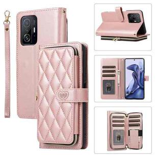 For Xiaomi Mi 11T / 11T Pro Rhombic Full Zipper Wallet Leather Phone Case(Rose Gold)