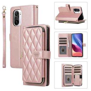 For Xiaomi Poco F3 Rhombic Full Zipper Wallet Leather Phone Case(Rose Gold)