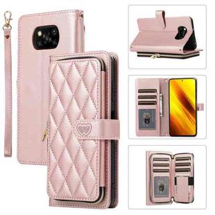 For Xiaomi Poco X3 NFC Rhombic Full Zipper Wallet Leather Phone Case(Rose Gold)