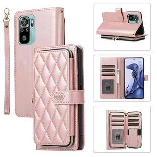 For Redmi Note 10 / 10S Rhombic Full Zipper Wallet Leather Phone Case(Rose Gold)