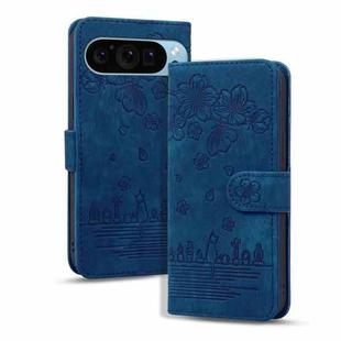 For Google Pixel 9 / 9 Pro Cartoon Sakura Cat Embossed Leather Phone Case(Blue)