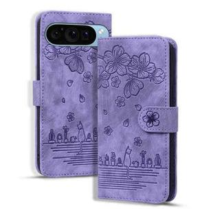 For Google Pixel 9 / 9 Pro Cartoon Sakura Cat Embossed Leather Phone Case(Purple)