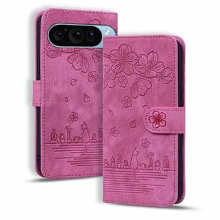 For Google Pixel 9 Pro XL Cartoon Sakura Cat Embossed Leather Phone Case(Rose Red)