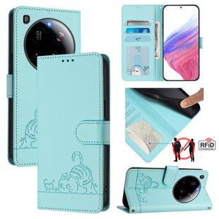For Xiaomi 15 Ultra Cat Rat Embossed Pattern RFID Leather Phone Case with Lanyard(Mint Green)