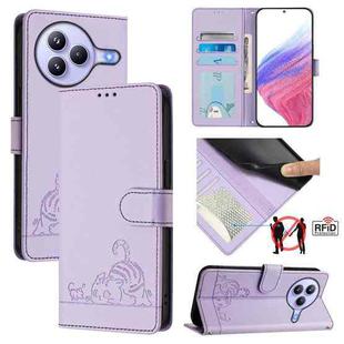 For Xiaomi Civi 5 Pro 5G Cat Rat Embossed Pattern RFID Leather Phone Case with Lanyard(Purple)