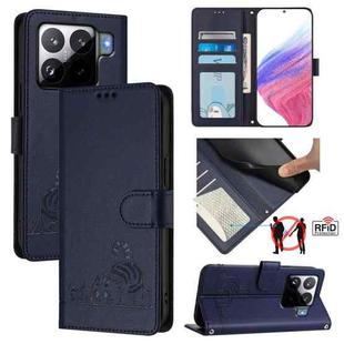For Xiaomi 15S Pro 5G Cat Rat Embossed Pattern RFID Leather Phone Case with Lanyard(Blue)
