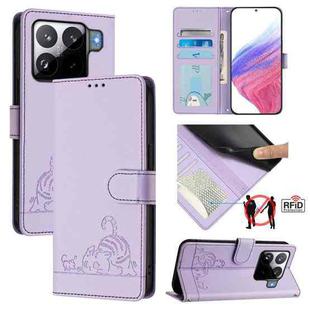 For Xiaomi 15S Pro 5G Cat Rat Embossed Pattern RFID Leather Phone Case with Lanyard(Purple)
