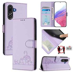 For Samsung Galaxy M56 5G Cat Rat Embossed RFID Leather Phone Case with Lanyard(Purple)