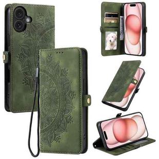 For iPhone 16 Skin Feel Totem Embossed Leather Phone Case(Deep Green)