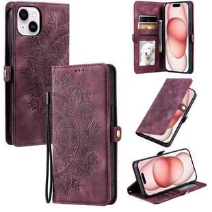 For iPhone 15 Plus Skin Feel Totem Embossed Leather Phone Case(Wine Red)