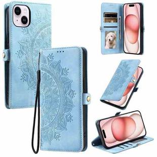 For iPhone 15 Plus Skin Feel Totem Embossed Leather Phone Case(Blue)