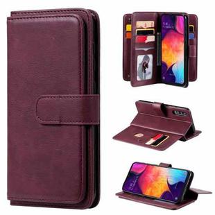 For Samsung Galaxy A50 Multifunctional Magnetic Copper Buckle Horizontal Flip Solid Color Leather Case with 10 Card Slots & Wallet & Holder & Photo Frame(Wine Red)