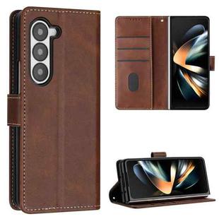 For Samsung Galaxy Z Fold6 Stitching Calf Texture Buckle Folding Leather Phone Case(Brown)