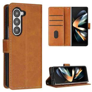 For Samsung Galaxy Z Fold5 Stitching Calf Texture Buckle Folding Leather Phone Case(Yellow)