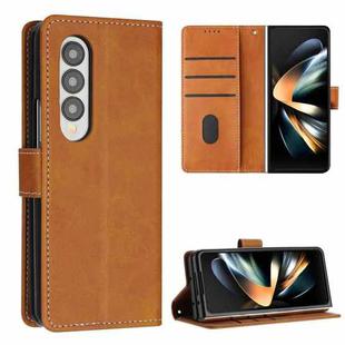 For Samsung Galaxy Z Fold4 Stitching Calf Texture Buckle Folding Leather Phone Case(Yellow)