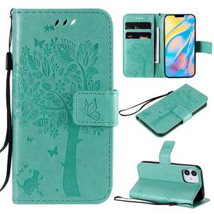 For iPhone 12 mini Tree & Cat Embossed Pattern Horizontal Flip Leather Case with Holder & Card Slots & Wallet & Lanyard(Green)