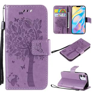 For iPhone 12 mini Tree & Cat Embossed Pattern Horizontal Flip Leather Case with Holder & Card Slots & Wallet & Lanyard(Light Purple)