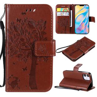 For iPhone 12 mini Tree & Cat Embossed Pattern Horizontal Flip Leather Case with Holder & Card Slots & Wallet & Lanyard(Coffee)