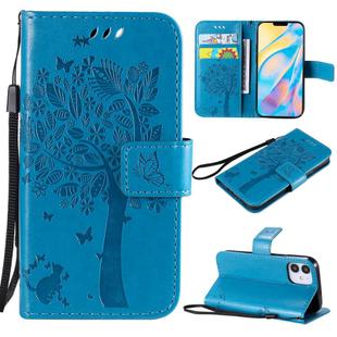 For iPhone 12 mini Tree & Cat Embossed Pattern Horizontal Flip Leather Case with Holder & Card Slots & Wallet & Lanyard(Blue)