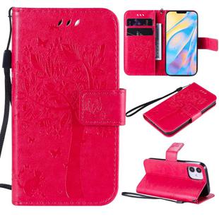 For iPhone 12 mini Tree & Cat Embossed Pattern Horizontal Flip Leather Case with Holder & Card Slots & Wallet & Lanyard(Rose Red)