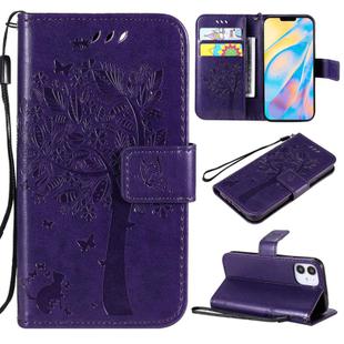 For iPhone 12 mini Tree & Cat Embossed Pattern Horizontal Flip Leather Case with Holder & Card Slots & Wallet & Lanyard(Purple)