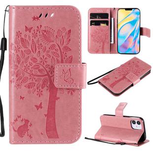 For iPhone 12 mini Tree & Cat Embossed Pattern Horizontal Flip Leather Case with Holder & Card Slots & Wallet & Lanyard(Pink)