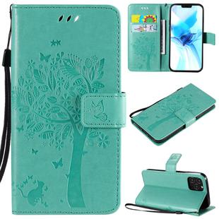 For iPhone 12 / 12 Pro Tree & Cat Embossed Pattern Horizontal Flip Leather Case with Holder & Card Slots & Wallet & Lanyard(Green)