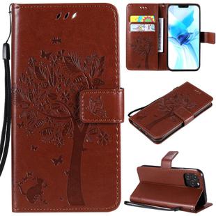 For iPhone 12 / 12 Pro Tree & Cat Embossed Pattern Horizontal Flip Leather Case with Holder & Card Slots & Wallet & Lanyard(Coffee)