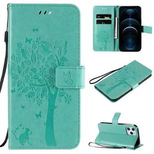 For iPhone 12 Pro Max Tree & Cat Embossed Pattern Horizontal Flip Leather Case with Holder & Card Slots & Wallet & Lanyard(Green)