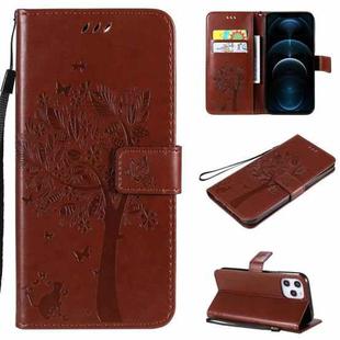 For iPhone 12 Pro Max Tree & Cat Embossed Pattern Horizontal Flip Leather Case with Holder & Card Slots & Wallet & Lanyard(Coffee)
