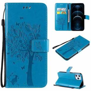 For iPhone 12 Pro Max Tree & Cat Embossed Pattern Horizontal Flip Leather Case with Holder & Card Slots & Wallet & Lanyard(Blue)