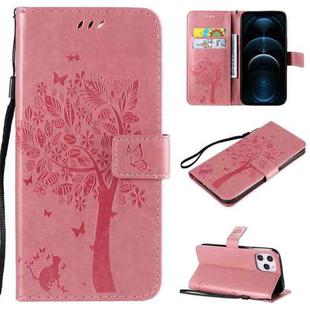 For iPhone 12 Pro Max Tree & Cat Embossed Pattern Horizontal Flip Leather Case with Holder & Card Slots & Wallet & Lanyard(Pink)