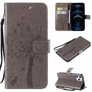 For iPhone 12 Pro Max Tree & Cat Embossed Pattern Horizontal Flip Leather Case with Holder & Card Slots & Wallet & Lanyard(Gray)