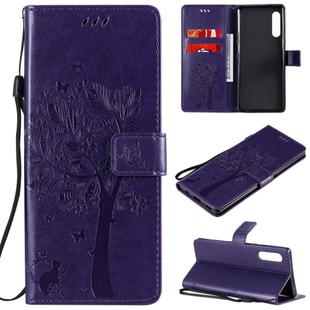 For LG G9 Tree & Cat Embossed Pattern Horizontal Flip Leather Case with Holder & Card Slots & Wallet & Lanyard(Purple)