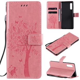 For LG G9 Tree & Cat Embossed Pattern Horizontal Flip Leather Case with Holder & Card Slots & Wallet & Lanyard(Pink)