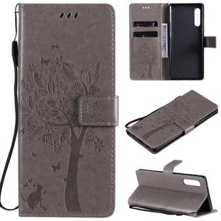 For LG G9 Tree & Cat Embossed Pattern Horizontal Flip Leather Case with Holder & Card Slots & Wallet & Lanyard(Gray)
