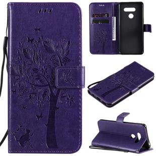 For LG K41S / K51S Tree & Cat Embossed Pattern Horizontal Flip Leather Case with Holder & Card Slots & Wallet & Lanyard(Purple)