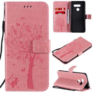 For LG K41S / K51S Tree & Cat Embossed Pattern Horizontal Flip Leather Case with Holder & Card Slots & Wallet & Lanyard(Pink)