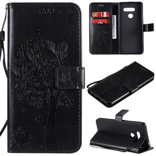 For LG K41S / K51S Tree & Cat Embossed Pattern Horizontal Flip Leather Case with Holder & Card Slots & Wallet & Lanyard(Black)